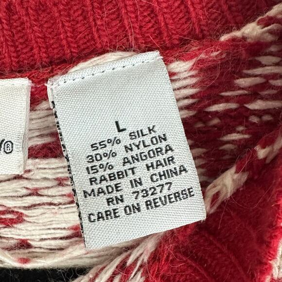 Women's Croft & Barrow Silk Blend Reindeer Snowflake Red Cream Zip Cardigan Sz L - Picture 6 of 8